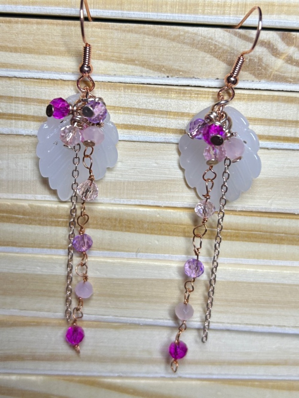 3/$25 Rose Gold Leaf Drop Earrings with Pink Crystal Accents